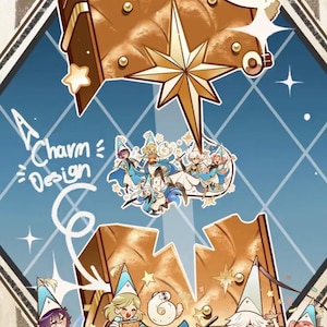 Può includere: Illustrazione con il testo "Witch Hat Atelier popping charm!" raffigurante un libro marrone trapuntato con una stella e un piccolo gufo. L'immagine include un'esplosione di stelle e diversi personaggi dei cartoni animati in abiti da mago blu e bianco.