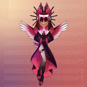 May include: Illustration of a demonic nun with a halo, wings, and a long black and red robe. The character has a wide, toothy grin and is wearing a nun's habit with a cross. The background is a gradient of pink and orange with the text "AMERICAN WITCHCRAFT".