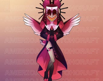 May include: Illustration of a demonic nun with a halo, wings, and a long black and red robe. The character has a wide, toothy grin and is wearing a nun's habit with a cross. The background is a gradient of pink and orange with the text "AMERICAN WITCHCRAFT".