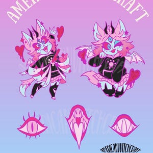 May include: Promotional image for "Helluva Boss" fan pins. The design features two cartoon characters with pink and blue fur, bat wings, and multiple eyes. Additional designs include an eye, a mouth, and a stylized heart. The text "AMERICANVITCHCRAFT" is arched across the top.