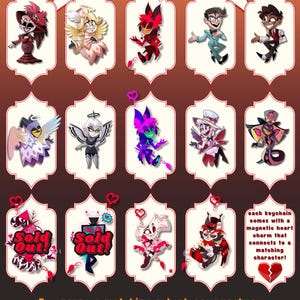 May include: A collection of magnetic character charms displayed in a grid. Each charm features a unique illustrated figure in a white scalloped frame. Text includes PICK YER SHIP magnetic charms, NEW, Sold Out, and instructions about matching heart charms.