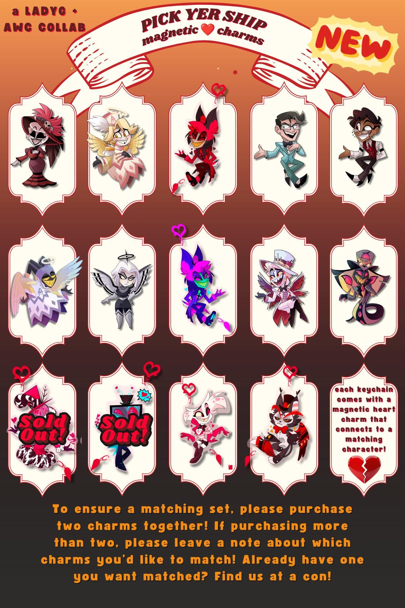 HAZBIN HOTEL オーナメントセット Hazbin Hotel Ship Charms! Magnetic Heart Acrylic Charm Set - Etsy
