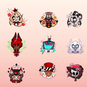 May include: A collection of colorful cartoon character stickers. Each sticker features a unique design with various colors, including red, black, white, and gold. The characters have distinct facial expressions and are surrounded by decorative elements.