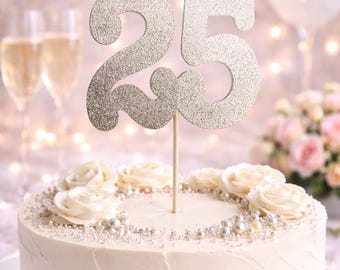 25th Anniversary Cake Topper | Silver 25 Cake Topper | Wedding Anniversary Cake Decor | Milestone Birthday Topper
