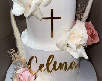 Name and cross cake topper, 2 piece cake topper, Holy communion cake topper, communion cake topper, baptism cake topper, christening topper