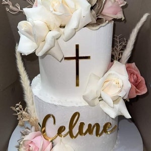 Name and cross cake topper, 2 piece cake topper, Holy communion cake topper, communion cake topper, baptism cake topper, christening topper