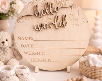 Hello World Baby Announcement Sign | Wooden Birth Stats Sign | Nursery Decor | Newborn Keepsake