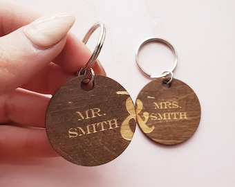 Custom Mr & Mrs Wood Keychain Set