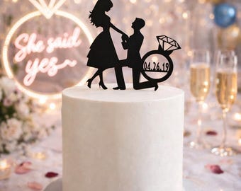 Custom Engagement Cake Topper: Proposal Silhouette with Date