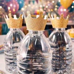 Glitter Gold Water Bottle Cap Crowns: Prince Princess Party Decor (12 Crowns)