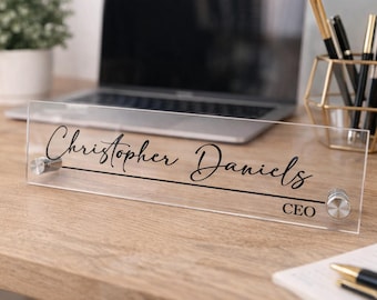 Plaque nominative en acrylique personnalisée pour bureau | Nom de bureau personnalisé avec titre | Décoration de bureau en acrylique transparent | Cadeau patron | Enseigne de bureau