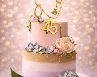 Gold Line Art Cake Topper – Abstract Face Birthday Topper – Elegant Women’s Cake Decor