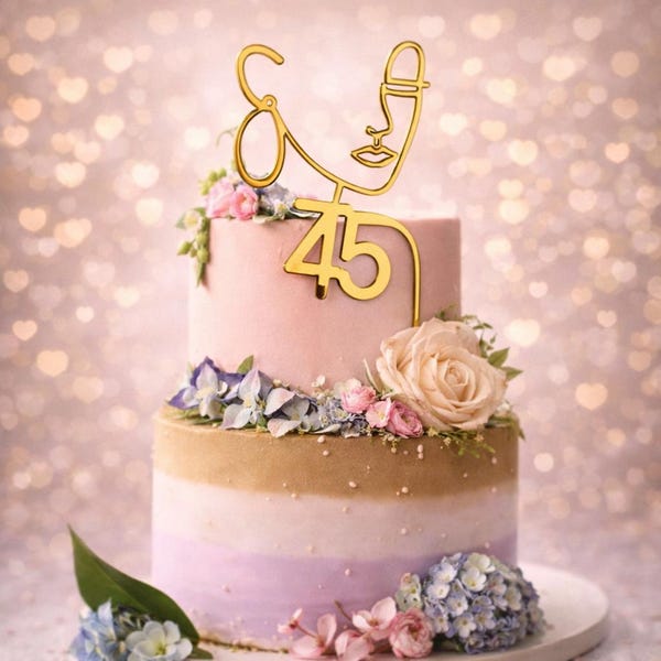 Gold Line Art Cake Topper – Abstract Face Birthday Topper – Elegant Women’s Cake Decor