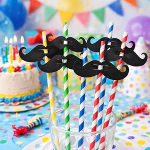 Black Mustache Straw Toppers: Party Photo Booth Props, Set of 12