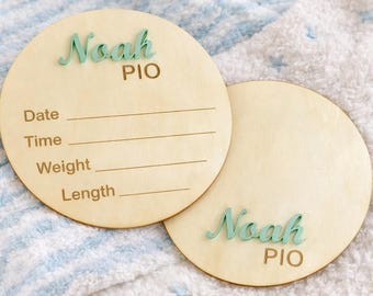 Personalized Baby Name Sign | Birth Announcement Disc | Wooden Baby Stats Sign | Newborn Photo Prop | Nursery Keepsake (Set of 2)