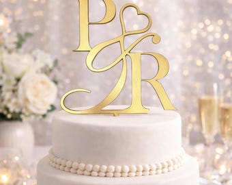 Personalized Monogram Wedding Cake Topper | Gold Initial Cake Topper with Heart | Custom Wedding Decor