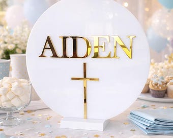 Personalized Baptism Name Sign | First Communion Party Decor | Religious Party Table Sign | Custom Christian Decor
