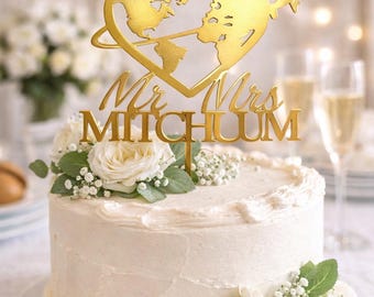 Custom Mr & Mrs World Map Cake Topper | Wedding Cake Topper |  Acrylic or Wood Cake Topper