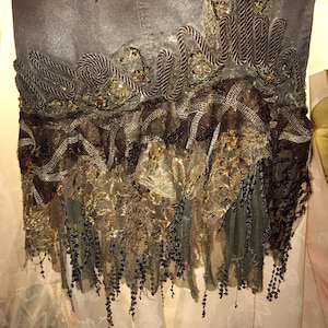 Semi-Formal Midi Stained Denim Skirt with Appliqué and Embellishments