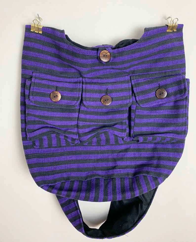Black Purple Striped Linen Cotton Canvas Hobo Messenger Cross Body Purse Bag!