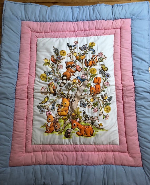 Baby Blankets Vintage 1980s 80s Pink Red Blue Calico Floral Gingham