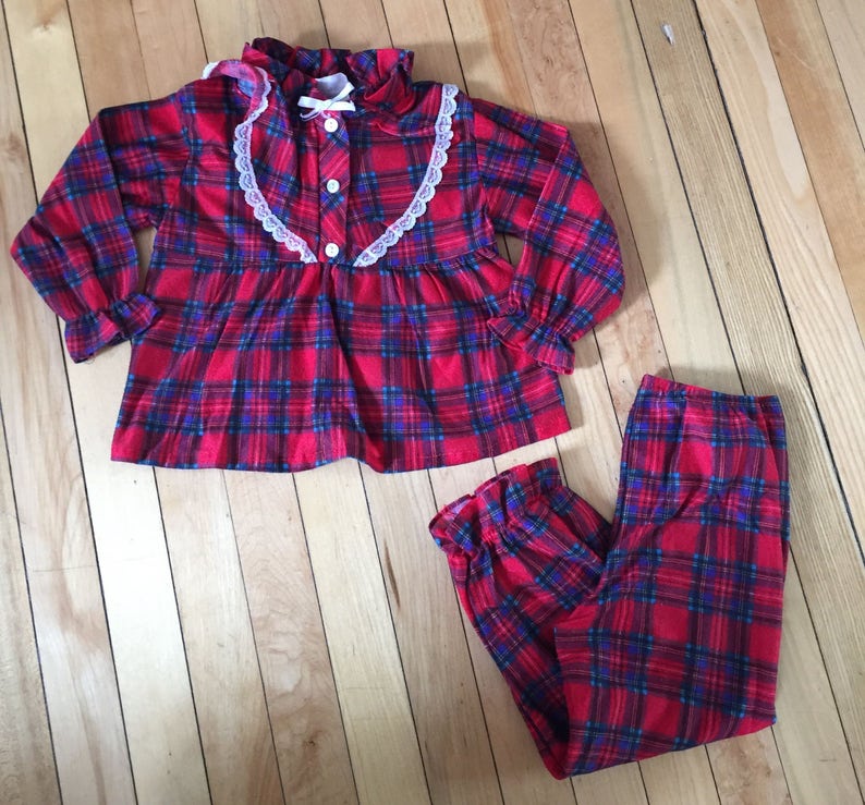 Size 3X Vintage 1990s Girls Red Lace Plaid Flannel Pajama Set