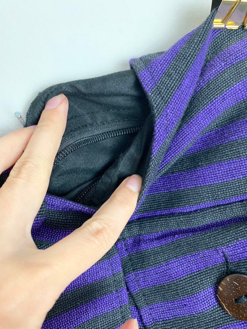 Black Purple Striped Linen Cotton Canvas Hobo Messenger Cross Body Purse Bag!