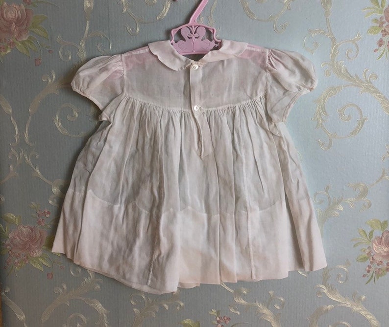 Vintage 1950s 50s Baby Infant Girls White Pink Embroidered Floral Semi Sheer Feltman Bros Handmade Dress Size 6-12 months
