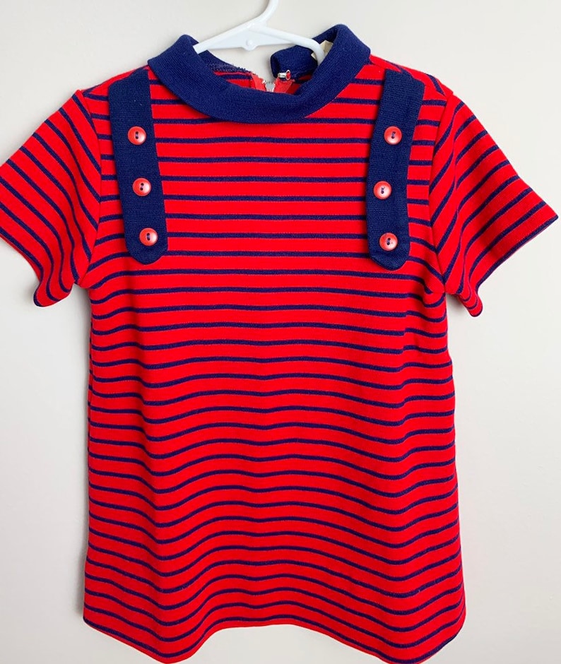 Vintage 1970s 70s Girls Red Navy Blue Striped Polyester Tunic Top Shirt Size 8-10