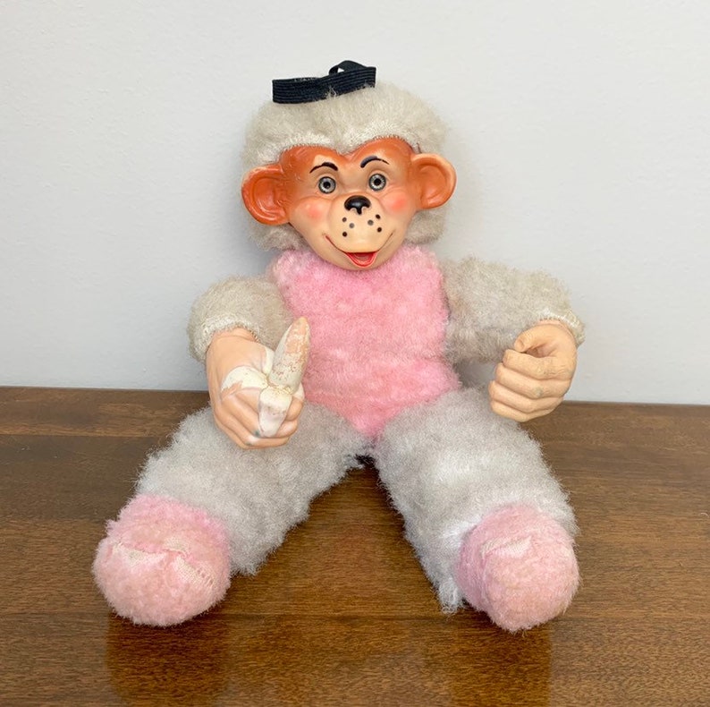 Vintage 1950s 50s Pink White Rubber Vinyl Stuffed Plush Monkey Etsy