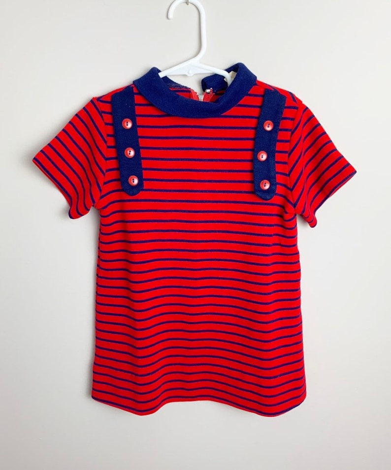 Vintage 1970s 70s Girls Red Navy Blue Striped Polyester Tunic Top Shirt Size 8-10