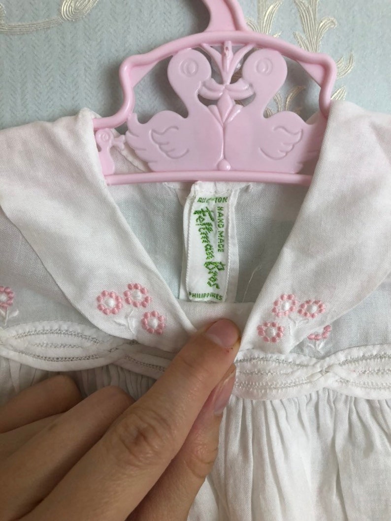 Vintage 1950s 50s Baby Infant Girls White Pink Embroidered Floral Semi Sheer Feltman Bros Handmade Dress Size 6-12 months