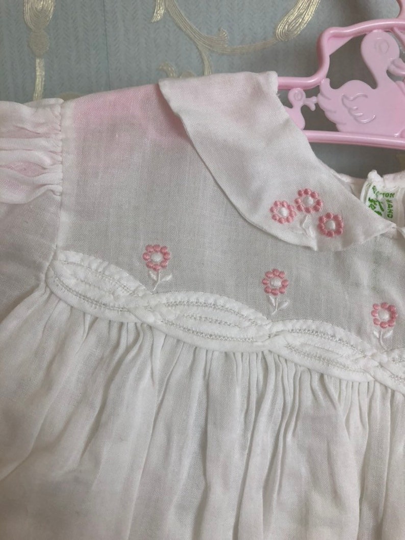Vintage 1950s 50s Baby Infant Girls White Pink Embroidered Floral Semi Sheer Feltman Bros Handmade Dress Size 6-12 months