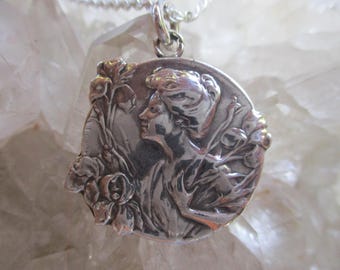 Art Nouveau Lady Pendant w/Iris Design -Hand Cast Sterling Silver- w/18&quot; Sterling Chain Beautiful