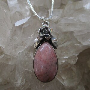 Rhodonite Rose Necklace -Handmade Sterling Silver- Hand Cut & Polished Natural Pink Rhodonite