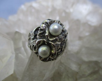 Pearl Ring ~Sterling Silver~ Hand Cast Antiqued Floral Design