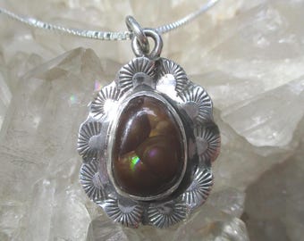 Fire Agate Necklace -Sterling Silver Hand Stamped- Beautiful Mexican Fire Agate w/20" Sterling Chain