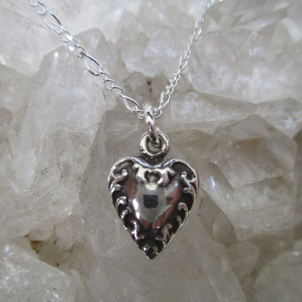 Small Antique Style Heart Necklace -Sterling Silver- Solid Cast Heart w/16 inch Sterling Chain