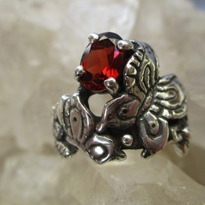 Butterfly Ring w/ Garnet -Sterling Silver- Hand Cast Original Size 6 3/4