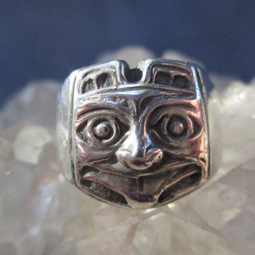 PNW Tribal Totem Mask Ring shops -Sterling Silver- Hand Cast Size 10 1/2-