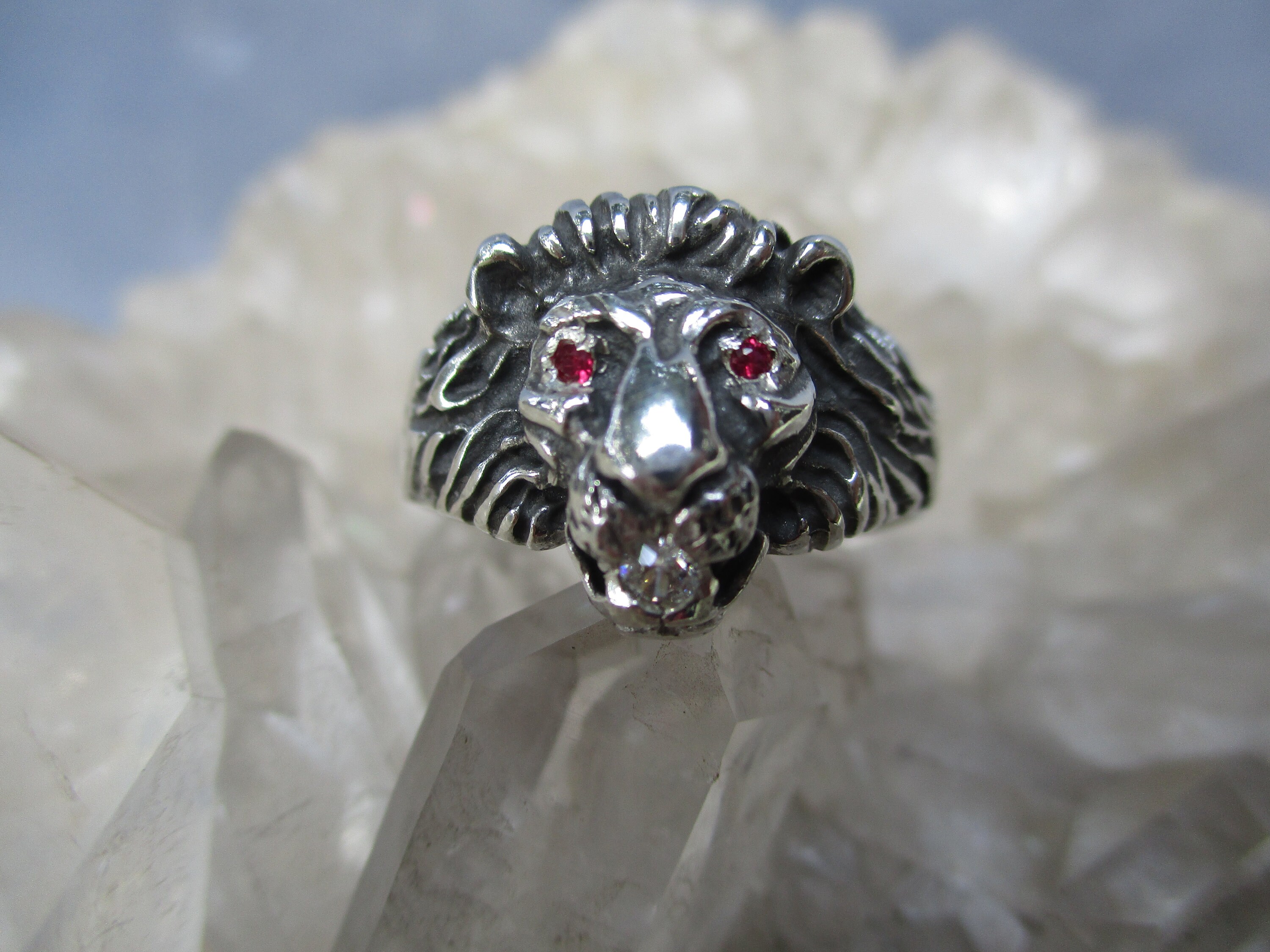 Lion Ring W ruby Eyes Diamond in Mouth sterling Silver Hand Cast