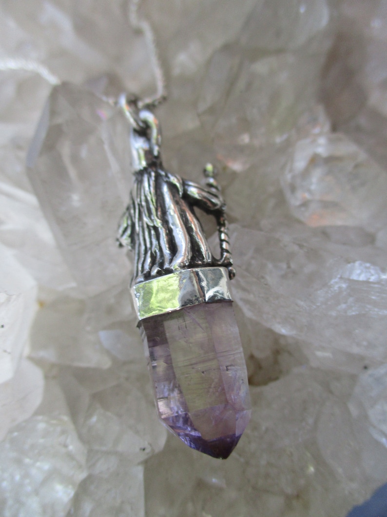 Wizard wNatural Amethyst Crystal ~Sterling Silver~ Hand Cast w18 Sterling Chain