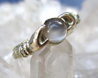 Moonstone w/ Hands Ring ~14K Gold~ w/ tiny Diamonds Magical Tiny Crystal Ball Ring