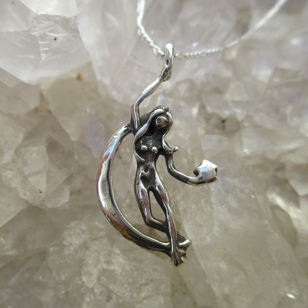 Moon & Star Lady Pendant ~Sterling Silver~ Hand Cast w/ 18" Sterling Chain