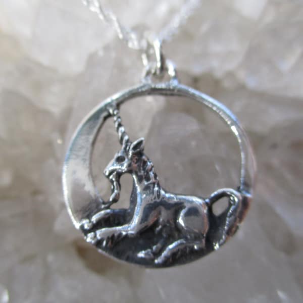 Unicorn in the Moon Necklace ~Sterling Silver~ Hand Cast w/16" Sterling Chain