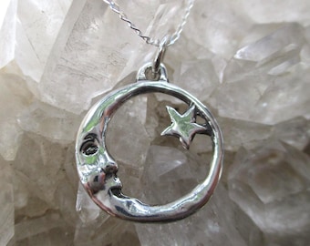 Moon & Star Necklace ~Sterling Silver~ Hand Cast Original w/18" Sterling Silver Chain