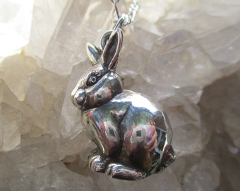 Bunny Rabbit Necklace -Beautiful Larger style Detailed Bunny- Hand Cast Sterling Silver w/16" Figaroe Chain