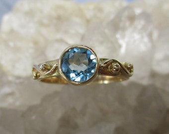 Blue Topaz Ring ~14K. Gold~ Handmade w/ Beautiful 6mm Swiss Blue Topaz