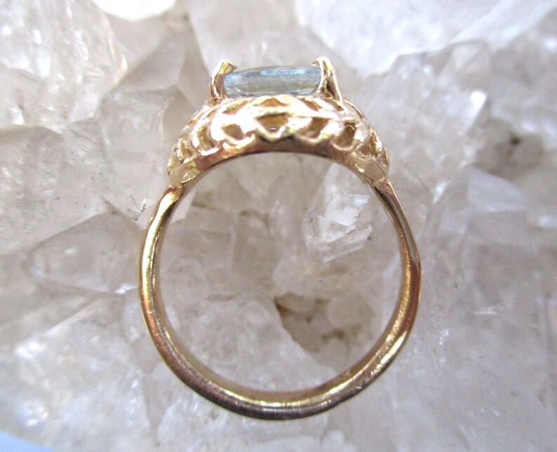 Aqua-Marine Ring ~14K Yellow Gold~ Beautiful Hand Cast Open Work image 7