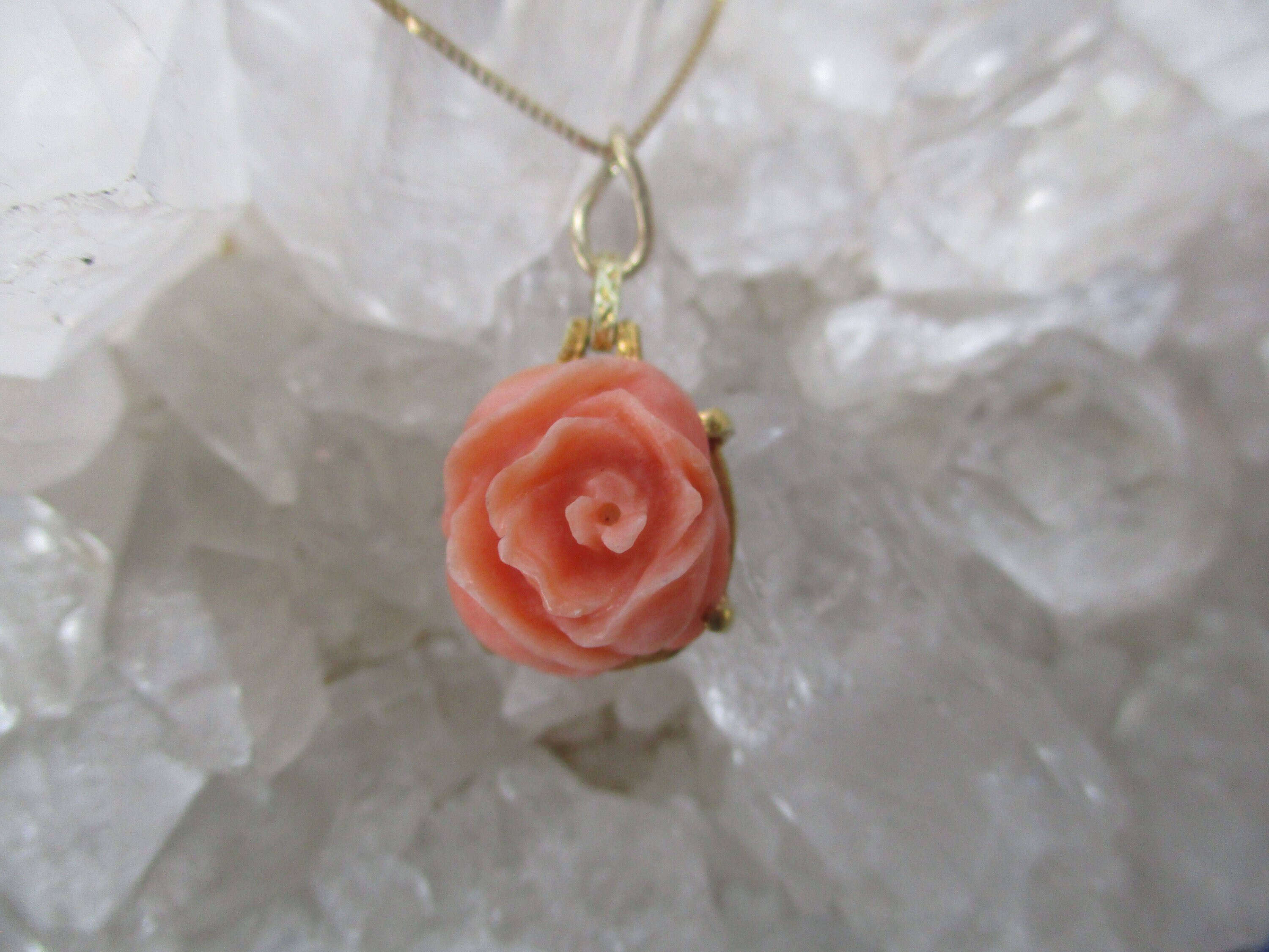 Vintage Carved Coral Rose Necklace 14K 